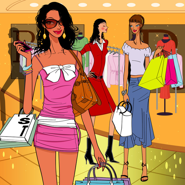 κορίτσια ψώνια, ψώνια σε ένα πολυκατάστημα γυναίκες - Διάνυσμα, εικόνα