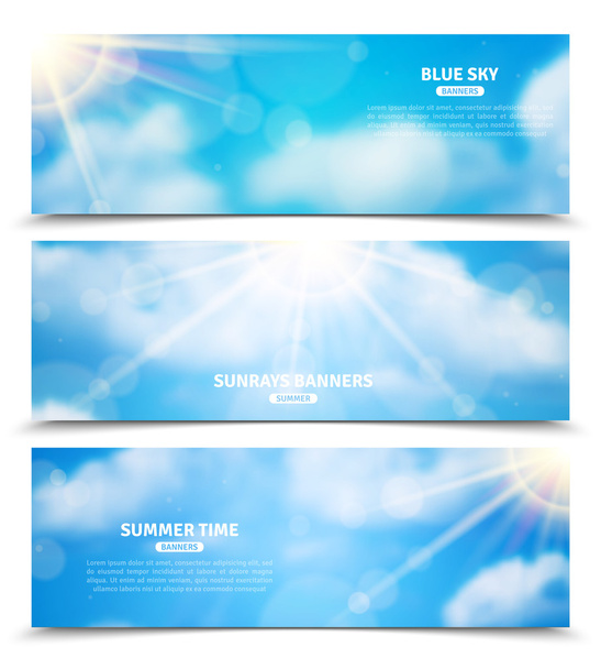 Sun through clouds sky banners set - Vector, Image