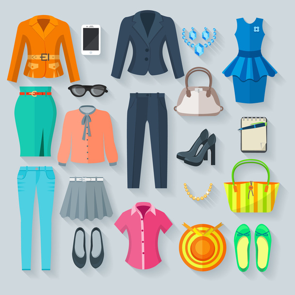 Conjunto de iconos planos de ropa mujer de color
 - Vector, imagen