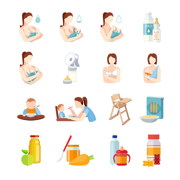 Baby Feeding Flat Icons Set - Vektor, kép