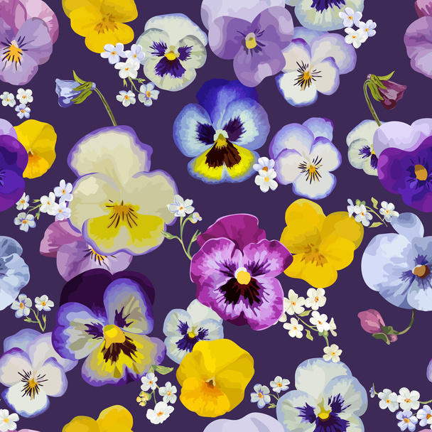 Pansy Flowers Background - Seamless Floral Shabby Chic Pattern - Vector, Imagen