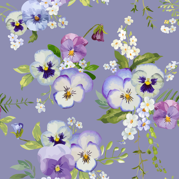 Pansy Flowers Background - Seamless Floral Shabby Chic Pattern - Wektor, obraz