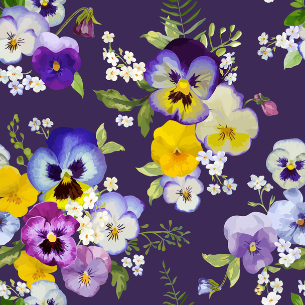 Pansy Flowers Background - Seamless Floral Shabby Chic Pattern - Vector, Imagen