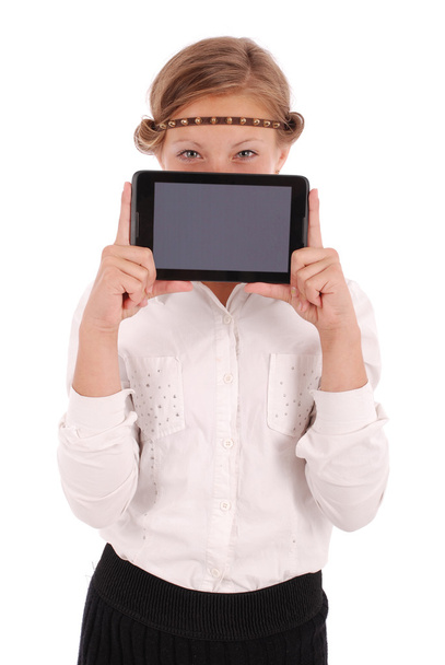Girl closes half tablet pc face - Photo, Image