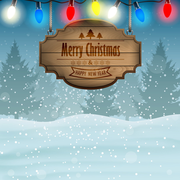 Carte de Noël avec panneau en bois et lumières de Noël de couleur
 - Vecteur, image