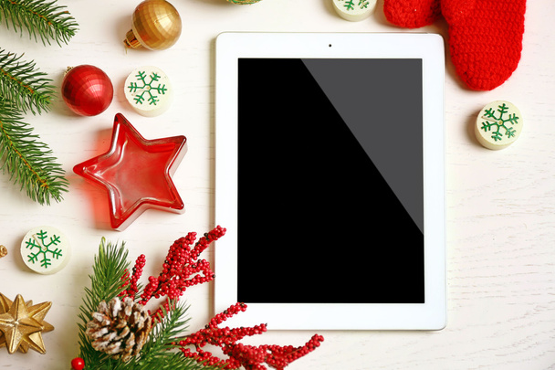 Tablet and Christmas decor - Фото, изображение