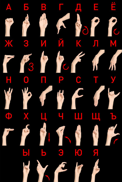 Sign Language topic: Russian deaf Dictionary of letters on a black isolated background in studio - Фото, изображение