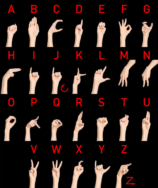 Sign Language Topic: English Dictionary deaf letters on a black isolated background in studio - Foto, Imagen