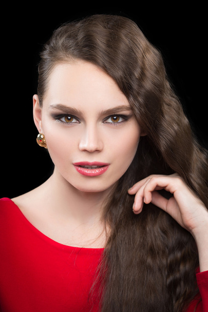 Beautiful woman with dark hair and evening makeup. sexy red dress - Fotografie, Obrázek