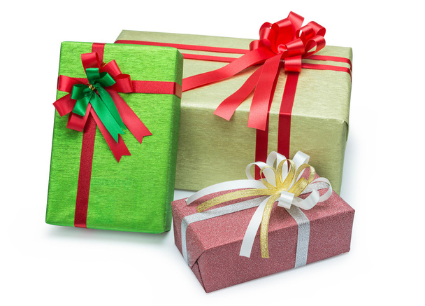 Три подарункові коробки зі стрічками лук
  - Фото, зображення