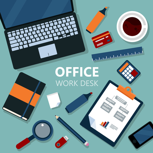 Μοντέρνο γραφείο επιφάνεια εργασίας με Laptop και εξοπλισμός γραφείου - Διάνυσμα, εικόνα