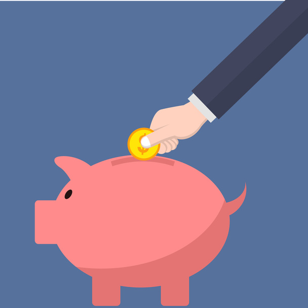 Hand putting coin in piggy bank - Vector, Image