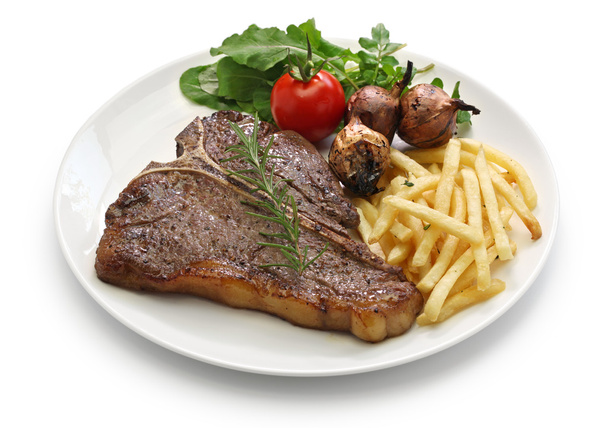 t-bone steak, porterhouse steak, bistecca alla fiorentina isoliert auf weißem Hintergrund - Foto, Bild