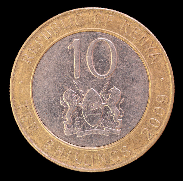 Cola de diez chelines moneda, emitida por Kenia en 2009 que representa los leones y el escudo, símbolo del país
 - Foto, Imagen