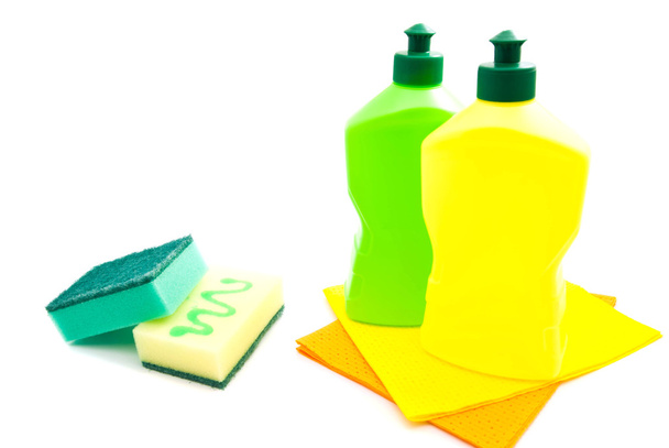sponges, rags and bottles pn white - Zdjęcie, obraz
