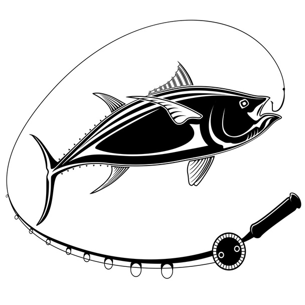 TUNA FISH WITH FISHING ROD BLACK WHITE - Vector, Image
