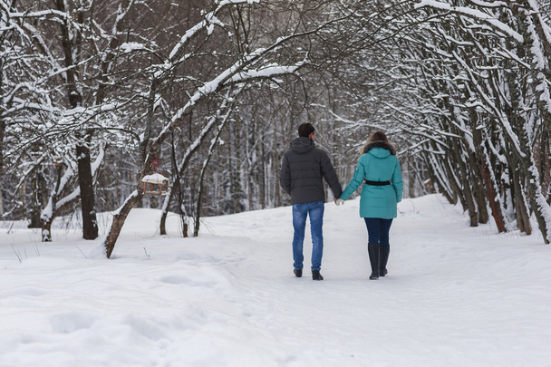 Young beautiful couple walking in winter forest - Photo, image