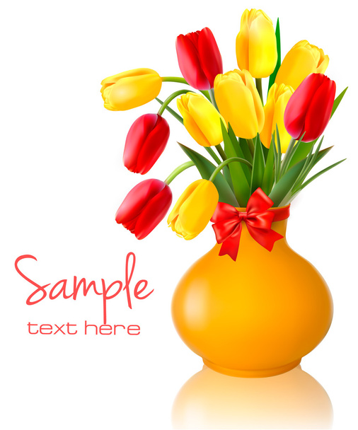 Spring flowers in a vase with a red bow and ribbons Easter vector background - Vektör, Görsel