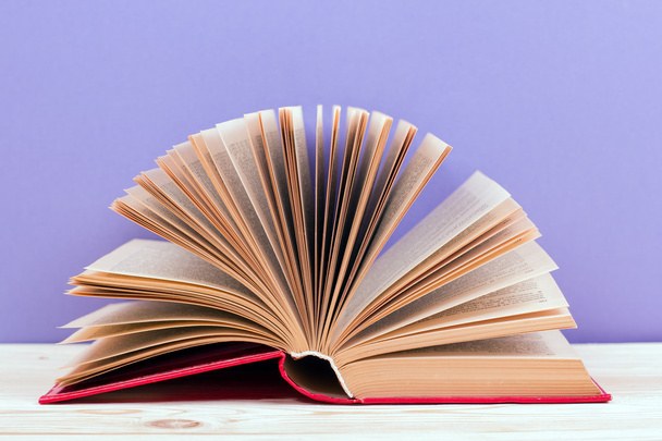 Open book, diary with fanned pages on blue purple background. - Foto, afbeelding