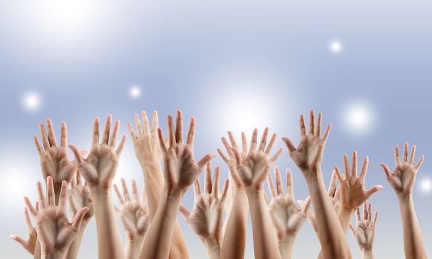 Many people's hands up on white purple background. Many people's hands up isolated on white background. Various hands lifted up in the air. Clipping path - Photo, Image