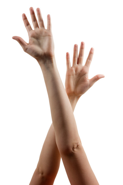 People's hands up isolated on white background. Many people's hands up isolated on white background. Various hands lifted up in the air. Clipping path. Copy space.arious han - Fotó, kép