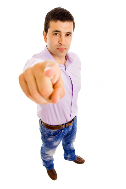 Young man full body pointing to the camera over white background - Foto, imagen