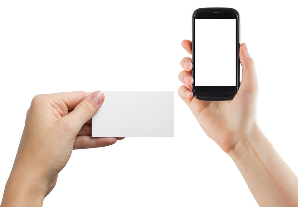 Mano humana que sostiene el teléfono inteligente móvil en blanco aislado en fondo blanco con ruta de recorte para la pantalla
 - Foto, imagen