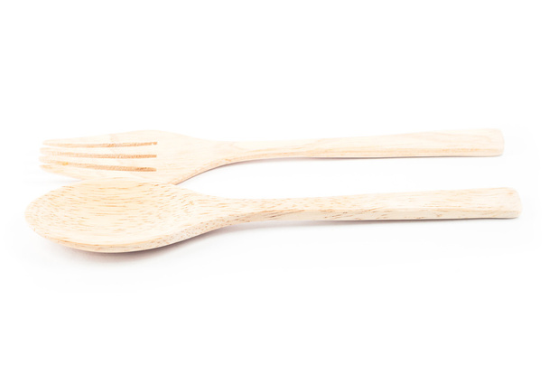 cuchara de madera y tenedor sobre fondo blanco - Foto, Imagen