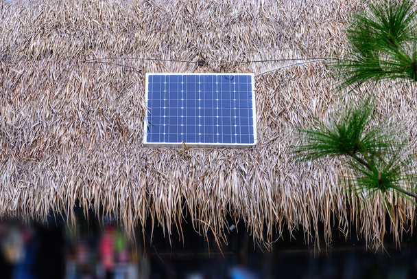 森林のエネルギーの茅葺き屋根の上太陽電池. - 写真・画像