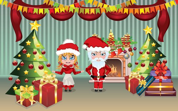 Santa en mevrouw Claus in het huis - Vector, afbeelding
