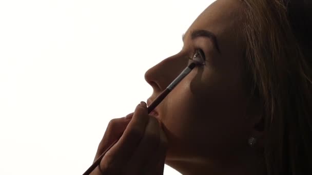 Eye makeup woman applying eyeshadow powder, Close up, silhouette. Slow motion - Video