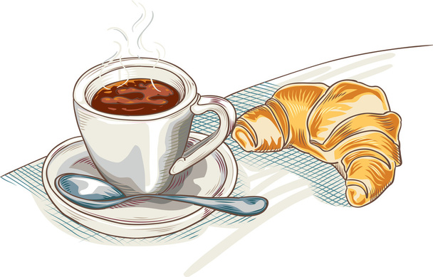cup of coffee and croissant - Vektor, kép