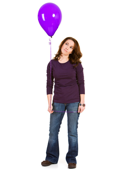 Casual: Sad Woman Holding Purple Balloon - Photo, Image