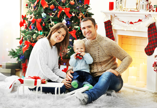 Christmas family portrait in home holiday living room - Fotoğraf, Görsel