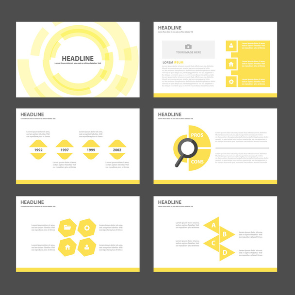 Жовті шаблони презентації Інфографічні елементи плоский дизайн набір для брошури листівки маркетингової реклами
 - Вектор, зображення