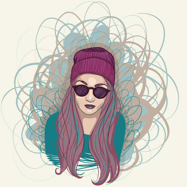 Hand drawn hipster girl with hat and sunglasses - Vector, Image
