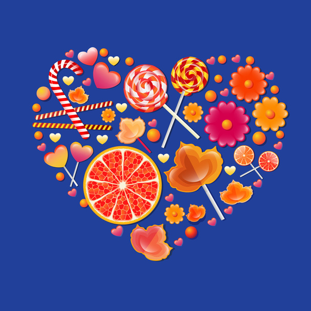 Vector illustration with heart  sweets. Candys glow motley background. - Διάνυσμα, εικόνα