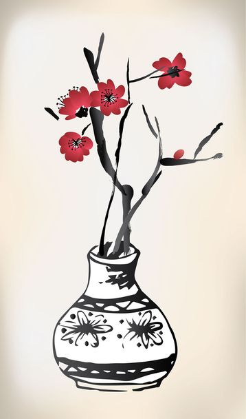 cherry blossom pot ink painting - Vektor, Bild