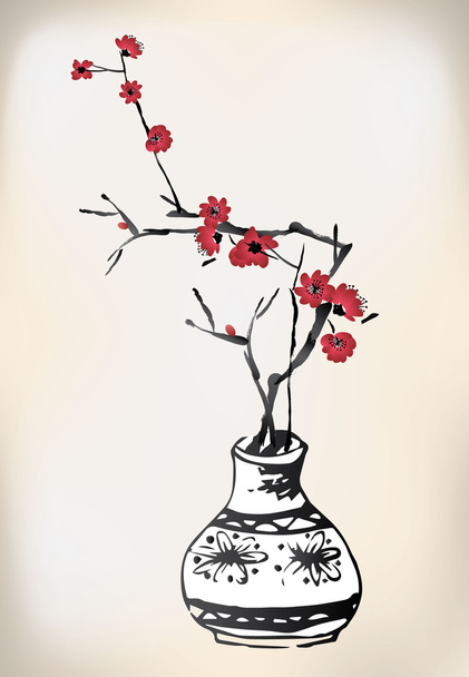 cherry blossom pot ink painting - Vetor, Imagem