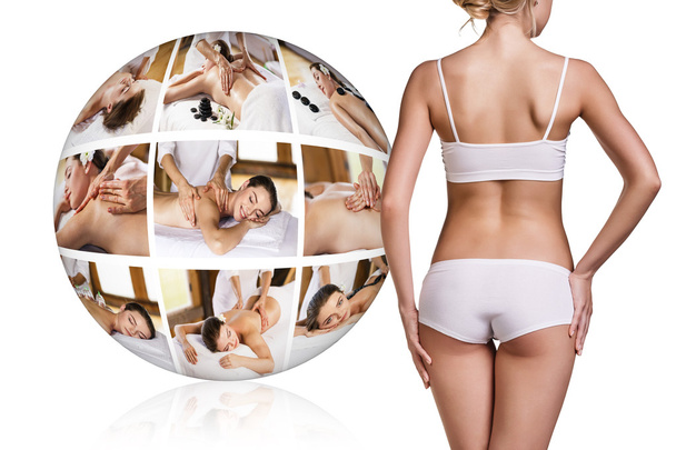 Femme en sous-vêtements blancs près du ballon de collage
 - Photo, image