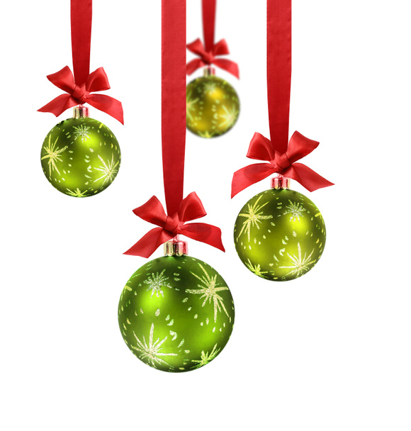 Зелені різдвяні кульки червона стрічка
 - Фото, зображення