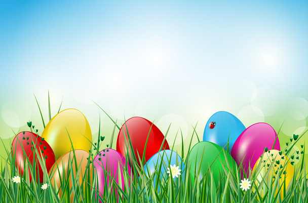 Feliz Pascua con huevos de Pascua en la hierba
 - Vector, imagen