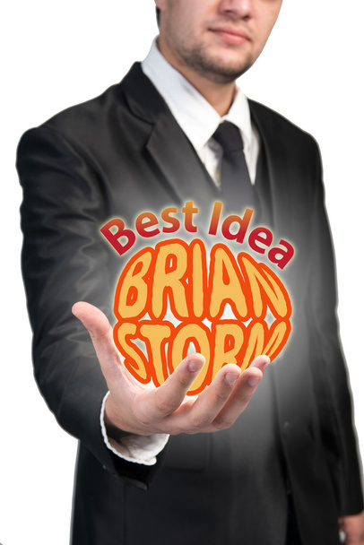 Geschäftsmann mit Brainstorming-Text auf der Handfläche - Foto, Bild