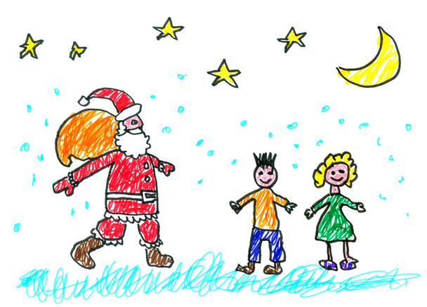 Drawing made by a child, the arrival of Santa Claus - Photo, Image