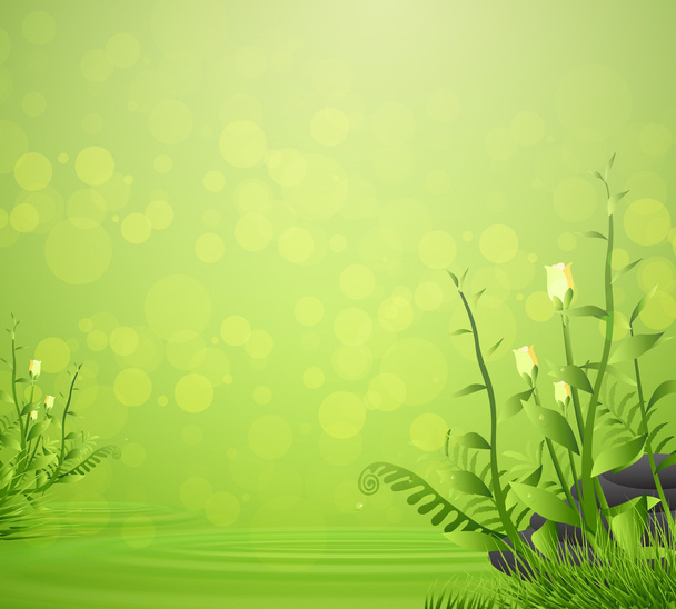 Blume und Gras Frühling mit Wassertropfen auf grünem Hintergrund - Vektor, Bild