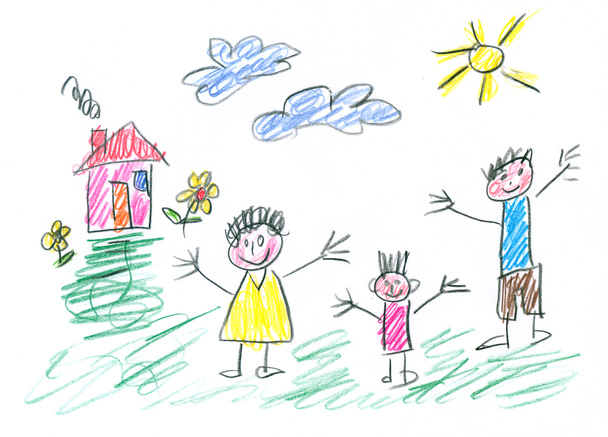 Σχέδιο που έγινε από ένα παιδί, ευτυχισμένη οικογένεια στην ύπαιθρο - Φωτογραφία, εικόνα