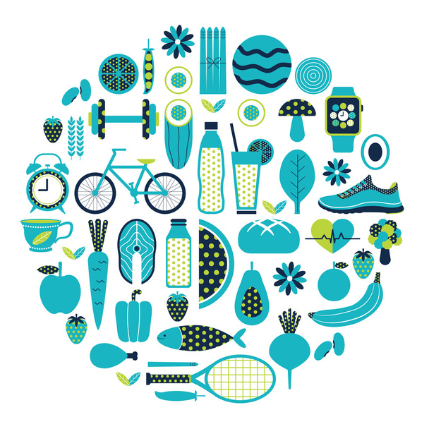 Healthy lifestyle icon set in blue colour - Vector, Image
