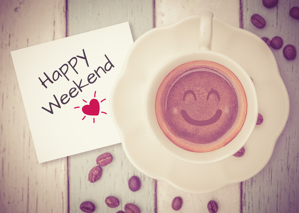 Happy weekend with coffee cup on table - Photo, Image