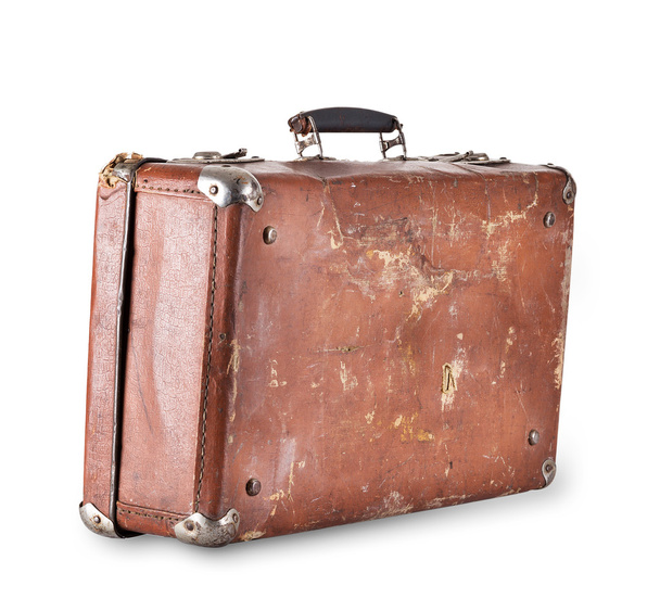 ハンドルを持つ古い茶色のスーツケース - 写真・画像