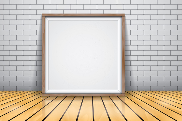 Mock up για παρουσίαση πλαισιωμένο πινακίδα στέκεται σε γυαλιστερό ξύλινο πάτωμα, Whiteboard ξύλινο πλαίσιο - Διάνυσμα, εικόνα